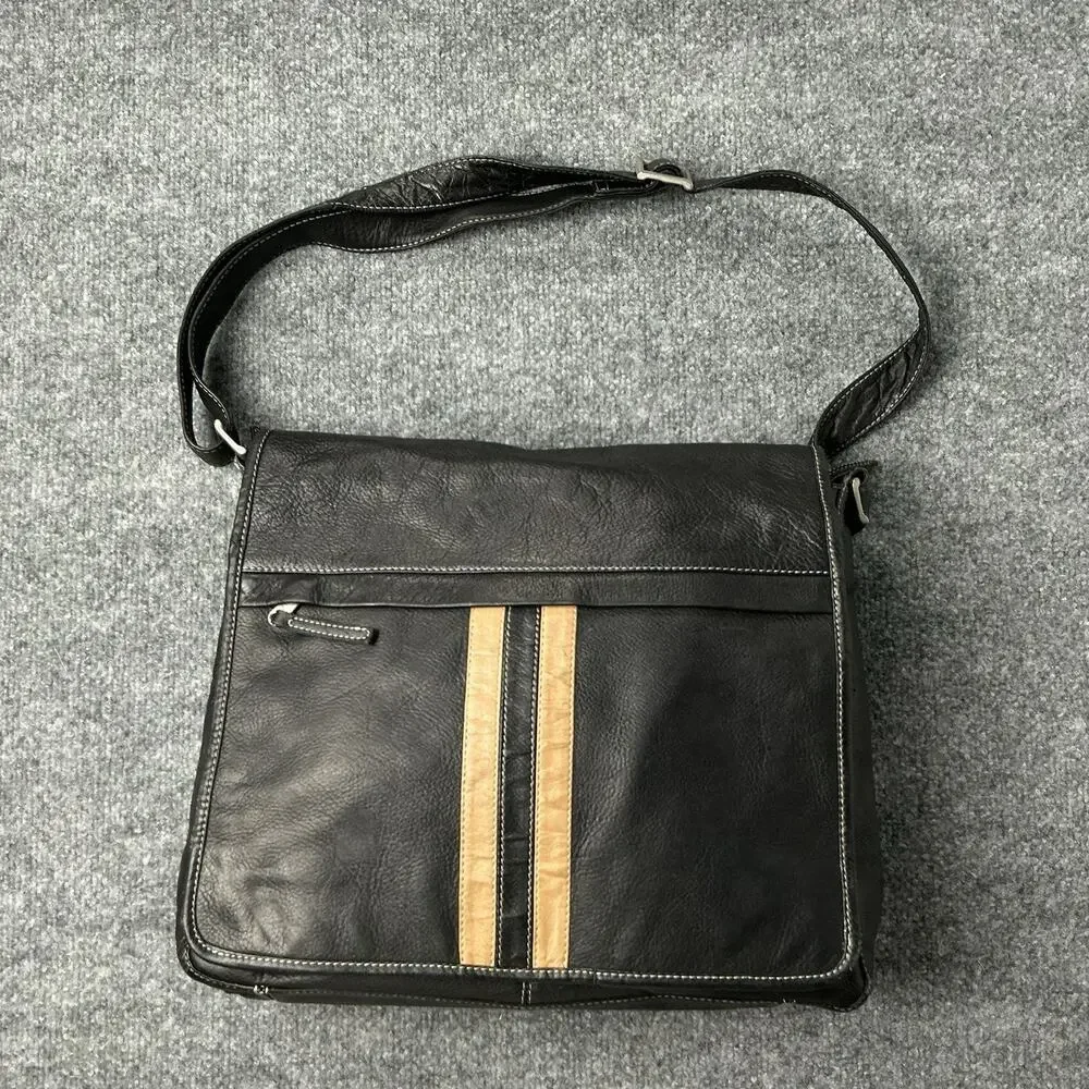 Vintage Black Pebbled Leather Messenger Bag Made in Colombia Striped Crossbody